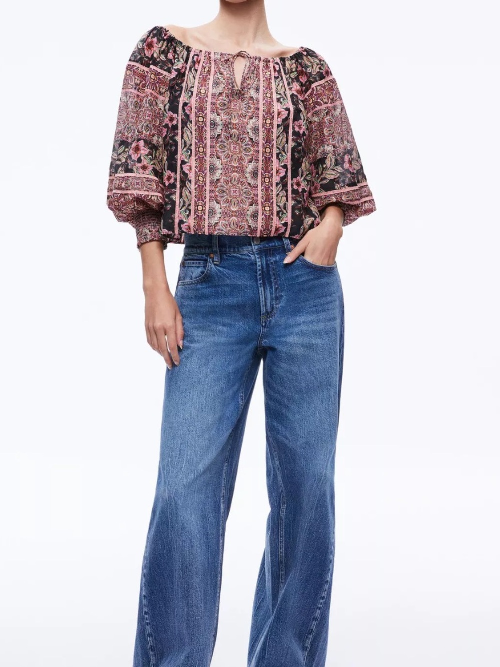 Alice + Olivia Alta off the shoulder blouson sleeve top floral pink multicolor s